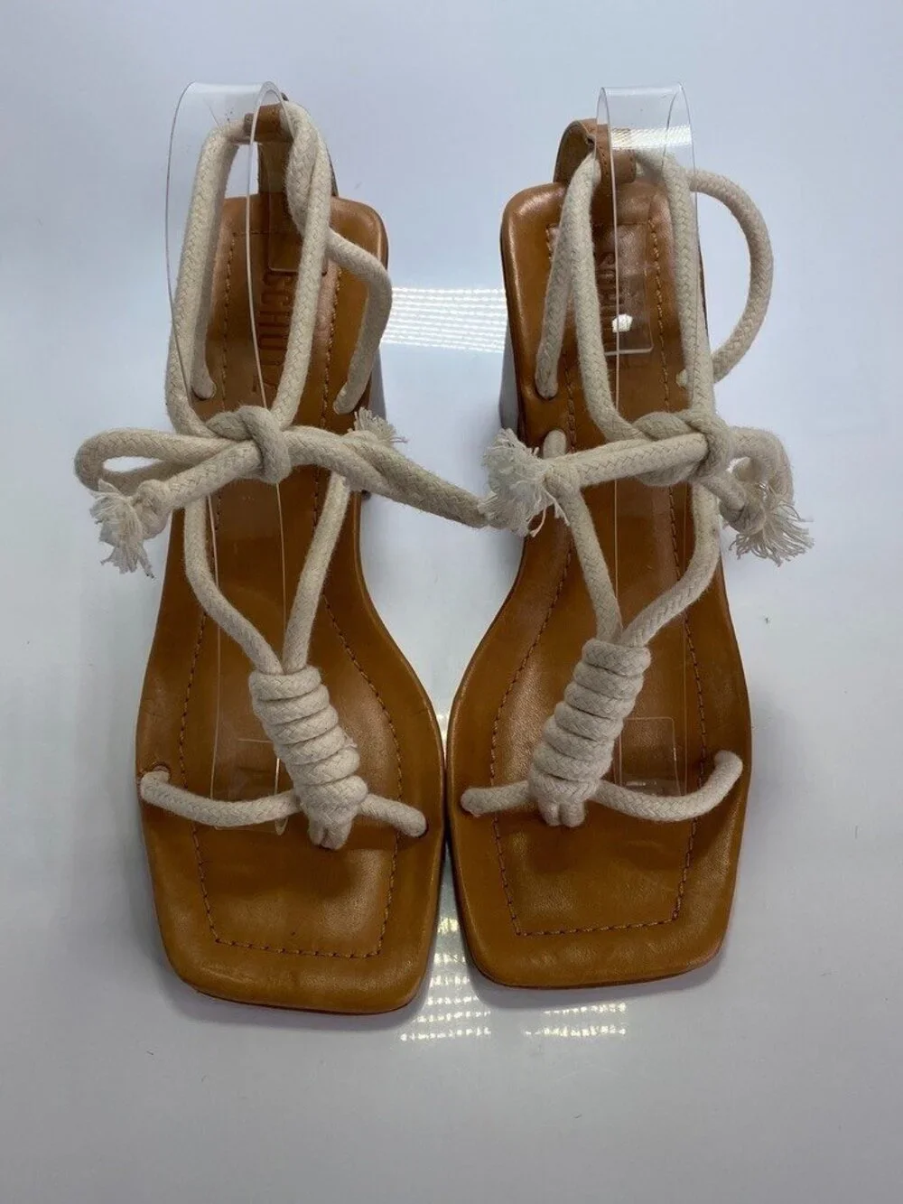 Schutz Women's Angieh  Cream Leather Lace-Up Stacked Heel Sandals Sz 10